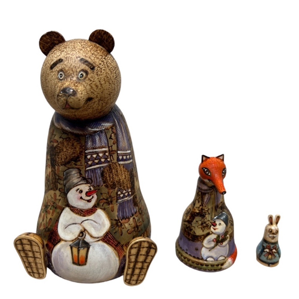 Stacking bear, fox, rabbit. Hand carved, hand painted made in Russia.